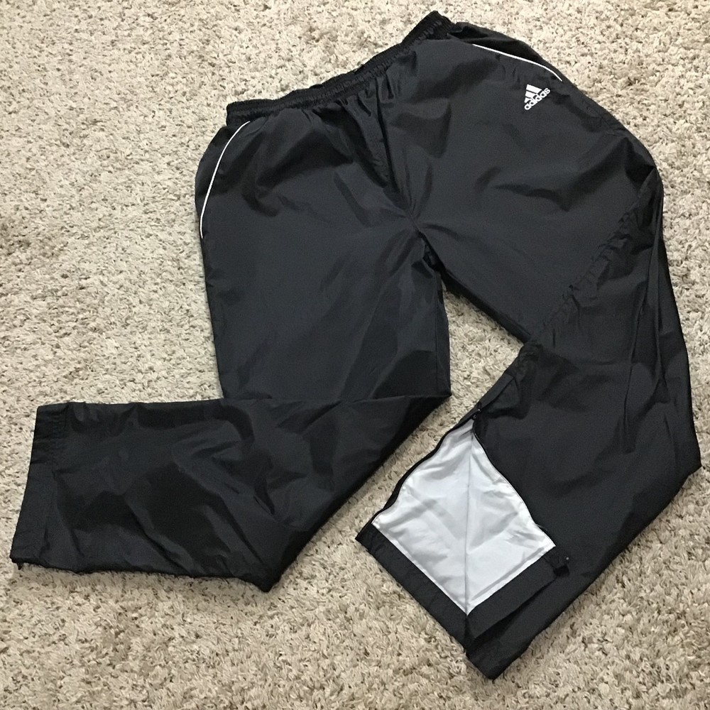 Adidas Men's Warm Up Pants Size Large Black Lined With Zip Ankles and Drawstring